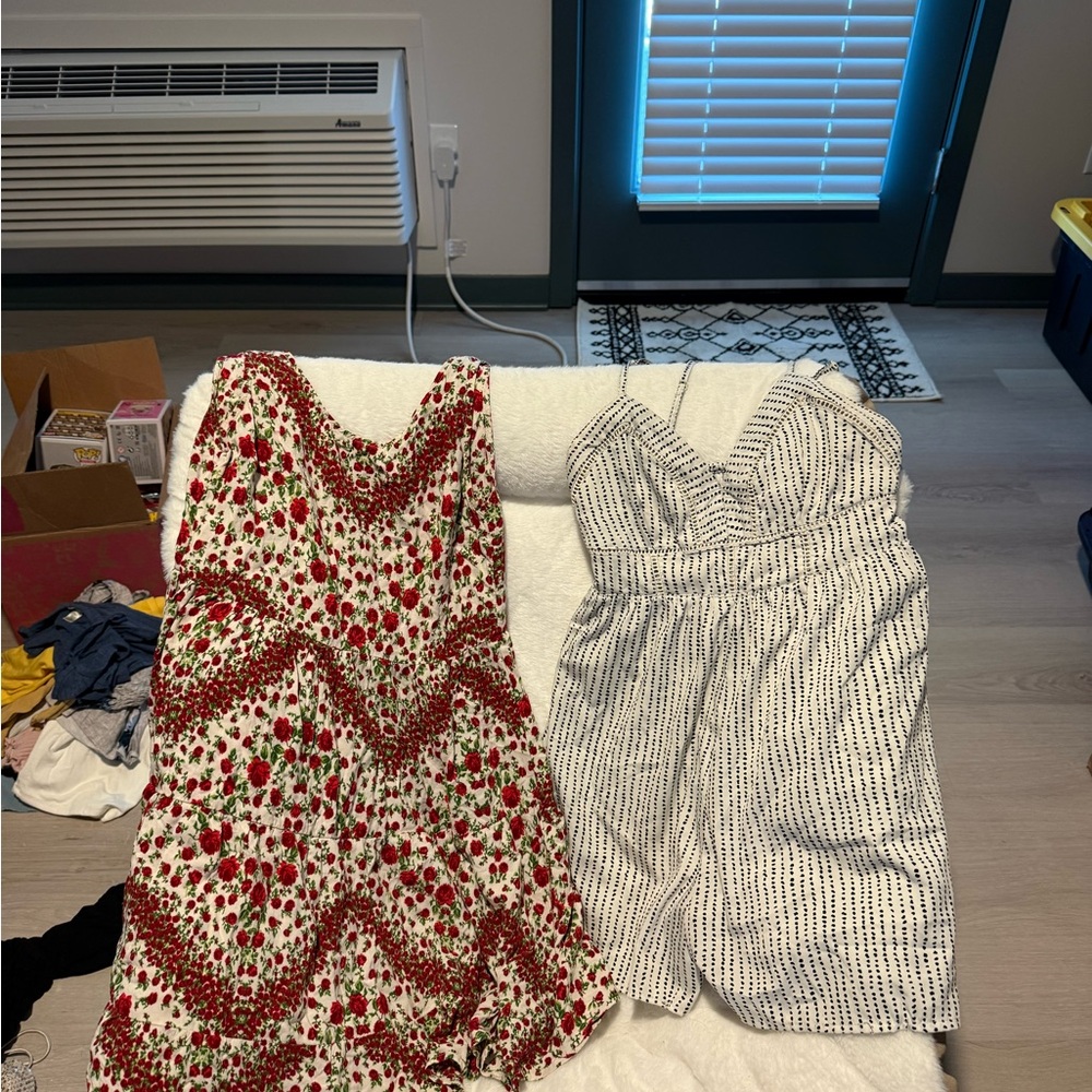 Divided Red and White Floral Dress & Japna Black and White Striped Romper